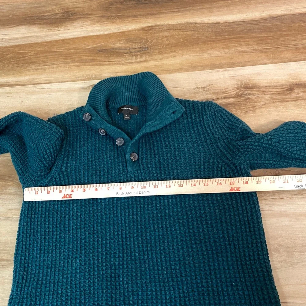 Banana Republic Sweater Mens Medium Green Waffle Knit Button‎ Mock Neck